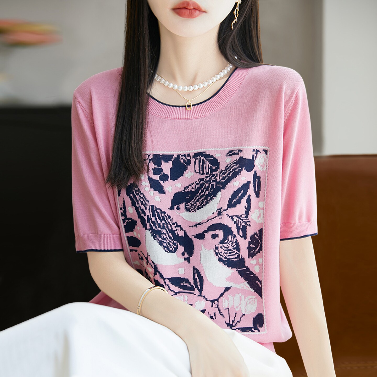 2026新款印花纯色针织短袖t恤女夏季薄款冰丝针织衫大码女装上衣