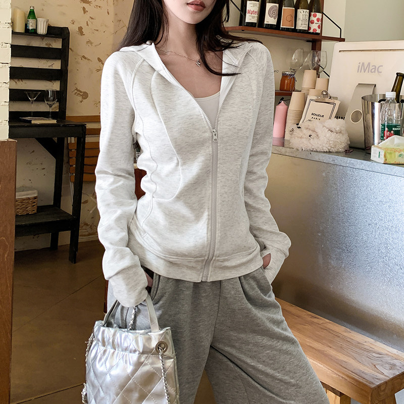 灰色连帽卫衣女春夏2026新款韩版修身开衫长袖外套运动瑜伽服上衣