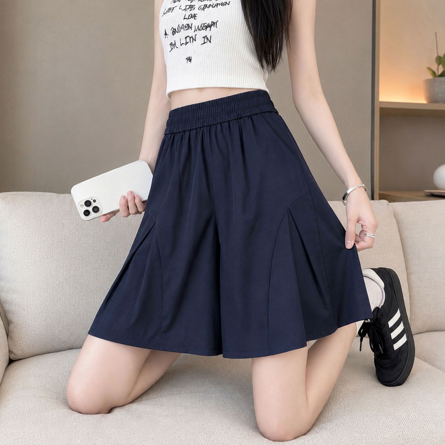 藏青色冰丝速干工装裙裤女款2026新款夏季日系休闲防晒五分阔腿裤