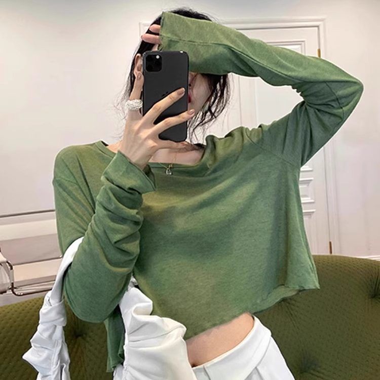纯欲风性感露脐长袖T恤女早秋内搭u领宽松打底衫不规则木耳边上衣
