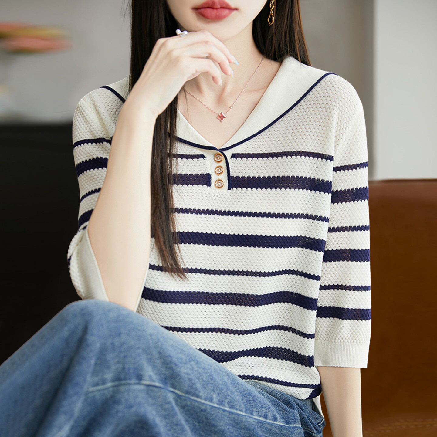 2026新款V领条纹针织短袖t恤女夏季薄款冰丝针织衫大码女装上衣
