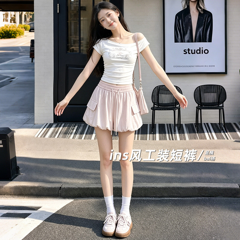 粉色花苞短裤女夏外穿2026新款a字柔软松弛感蓬蓬半身裙裤