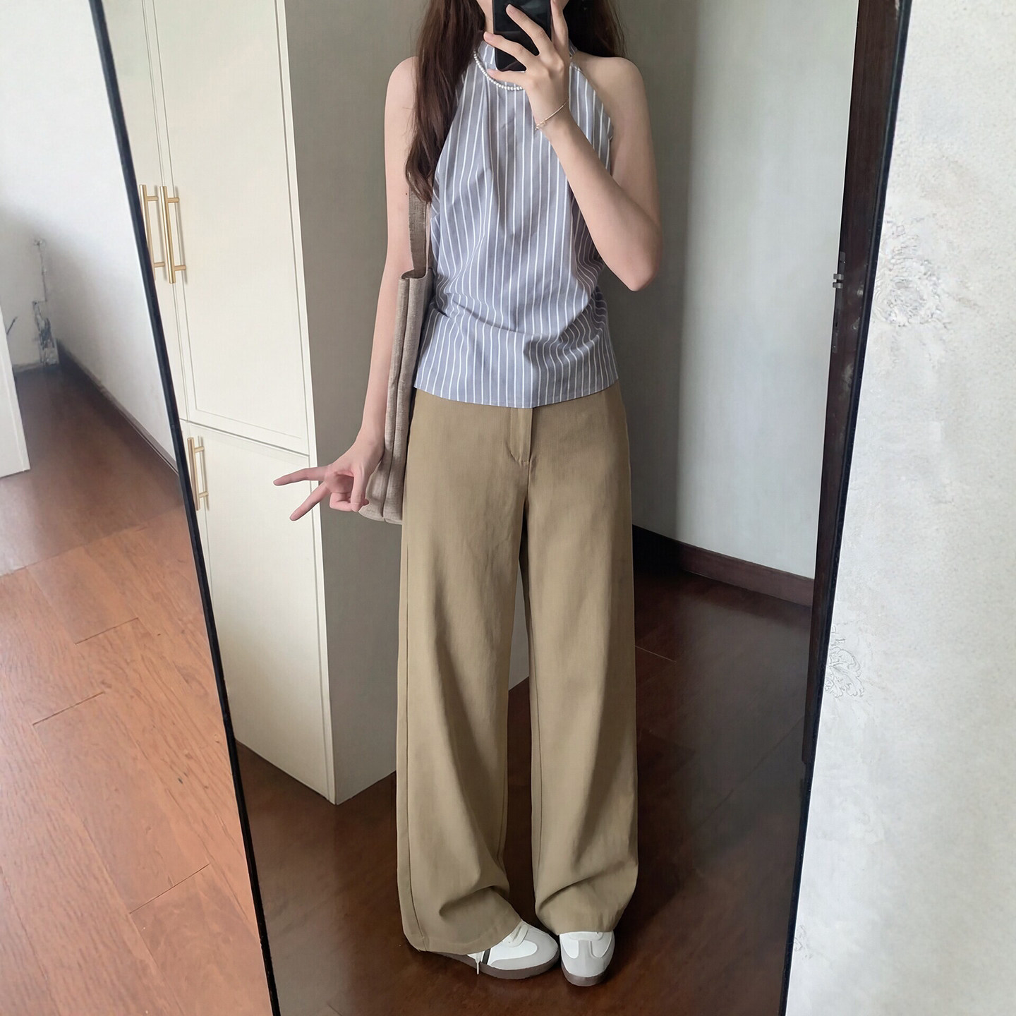 卡其色西装阔腿裤女夏季薄款大码宽松老钱风裤子窄版直筒休闲长裤