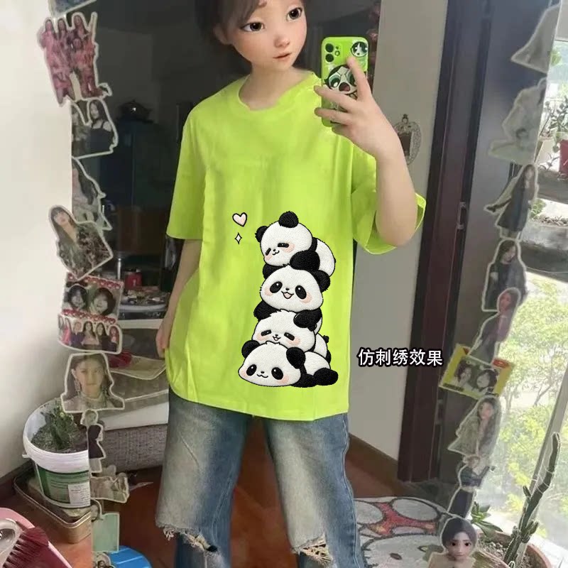 荧光绿纯棉夏季新款卡通仿刺绣印花t恤短袖ins男女款宽松半袖上衣