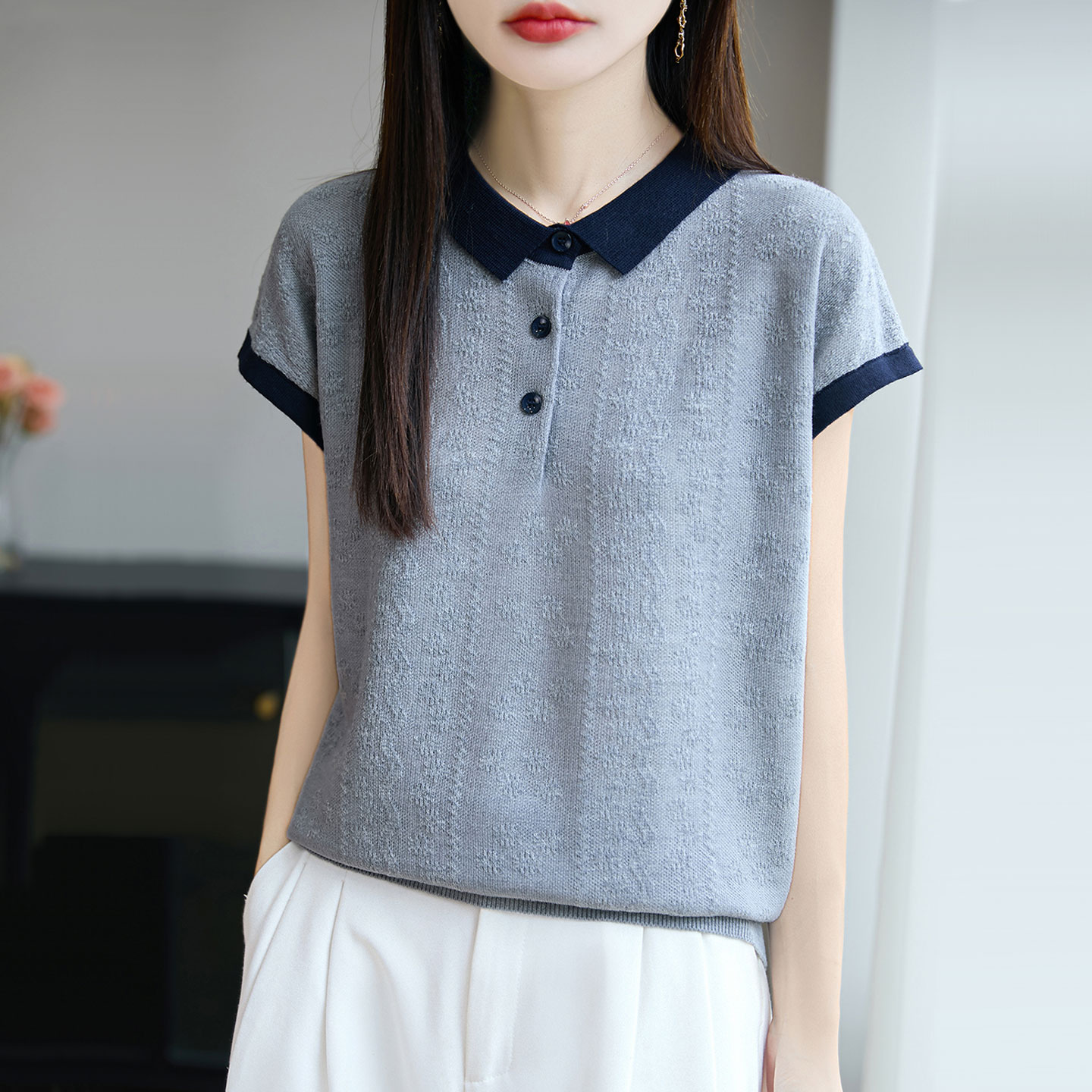 翻领桑蚕丝短袖T恤上衣女