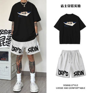 运动装 短袖 两件套卡通夏季 重磅纯棉T恤男套装 短裤 休闲宽松情侣款