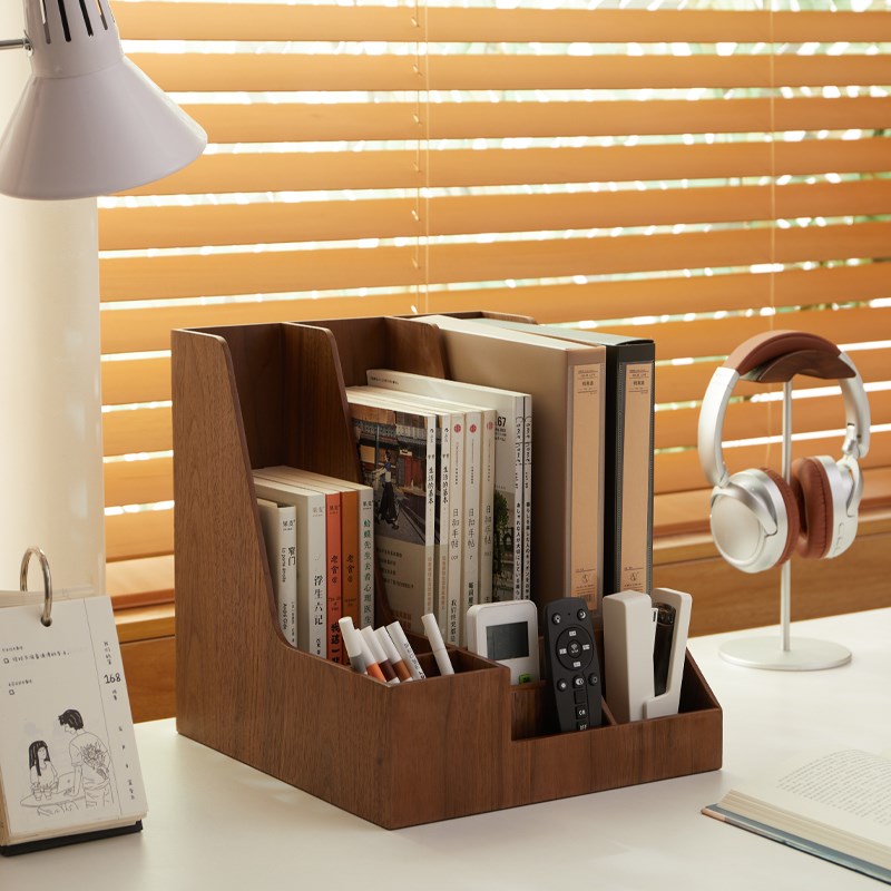 日式轻奢木质办工用品文件桌面一栏立式收纳框家用桌面收纳置物架
