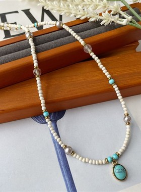 【松间】天然石项链绿松石青金白水晶蓝彩石东陵玉石榴石项链小众