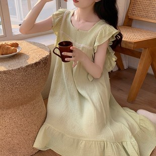 纯h棉纱布短袖 睡裙女夏季 甜美公主风双层纱棉绸夏天睡衣裙子家居