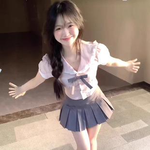 学院风甜辣妹粉色套装 百褶裙子 女夏季 jk制服小个子韩系衬衫