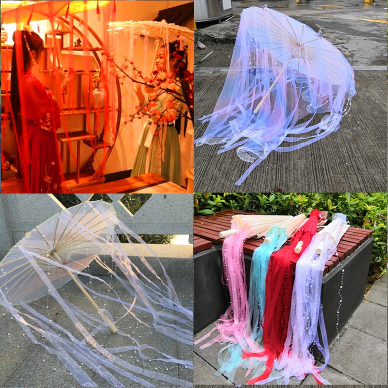 汉服仙女伞摄影拍照cos道具古风流苏飘带伞鲛人泪古代透明古装伞