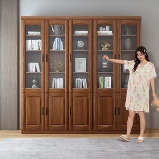 华南家具 书房自由组合实木书柜书架 简约现代带玻璃门组装书橱
