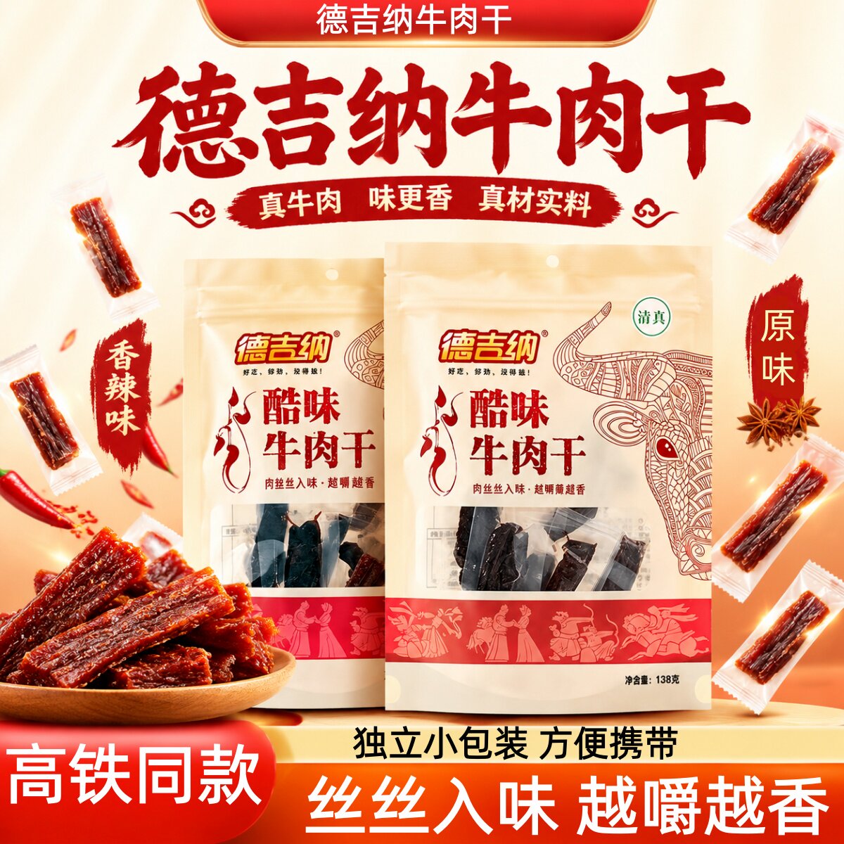德吉纳高铁同款酷味牛肉干原味香辣味独立包装追剧牛肉精选小零食