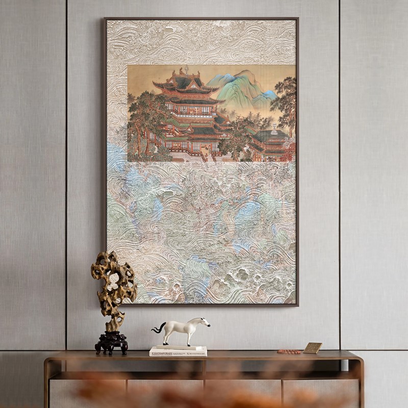 国画山水新中式茶室禅意装饰画《山岳水韵》玄关风景浮雕实物挂画