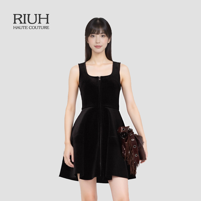 RIUH法式时尚黑色天鹅绒无袖短款收腰针织连衣裙25秋冬
