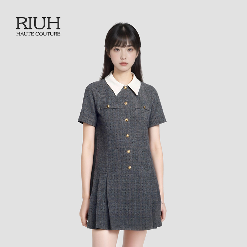 RIUH精致复古可拆卸领仿钻格纹短款百褶连衣裙25秋冬