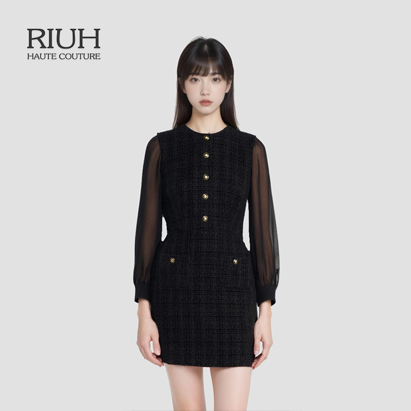 RIUH精致黑色拼接纱袖扣饰短款花呢连衣裙25秋冬