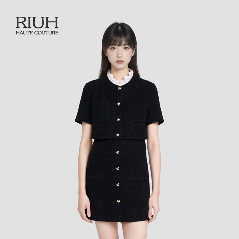 RIUH精致黑色可拆卸花边领假两件花呢连衣裙25秋冬