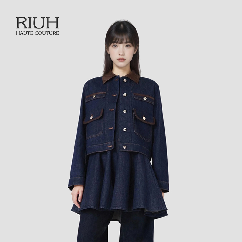 RIUH精致迪木尔风法式时尚棉质拼接皮革翻领外套25秋冬