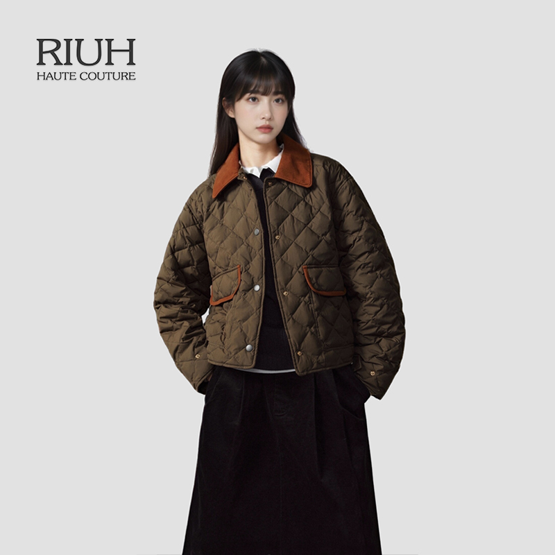 RIUH精致miu系墨绿经典翻领撞色宽松通勤百搭上衣羽绒服25秋冬