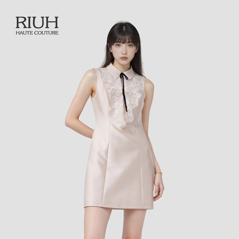 RIUH许我耀眼赵露思许妍同款粉白撞色蕾丝优雅小香连衣裙25秋冬