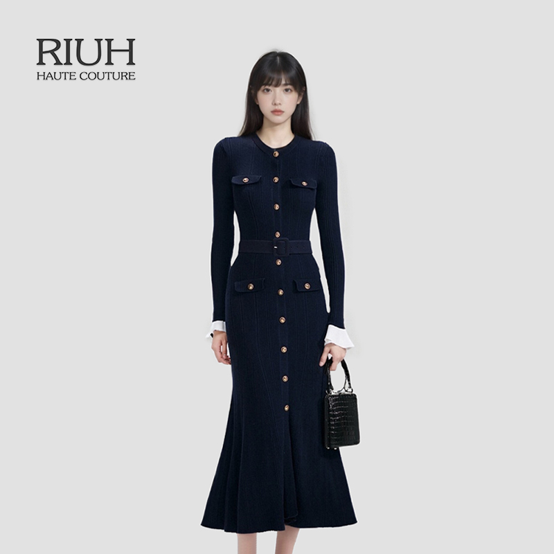 RIUH杨超越同款藏青色圆领千金风气质收腰针织鱼尾连衣裙25秋冬
