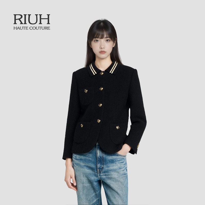 RIUH精致气质时尚黑色针织条纹短款花呢外套25秋冬
