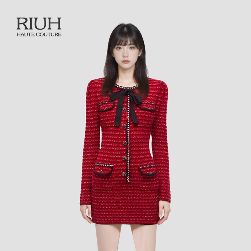 RIUH蝴蝶结小香风包臀针织连衣裙25秋冬
