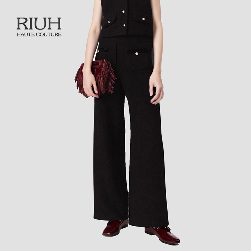 RIUH时尚黑色金色纽扣口袋高腰阔腿休闲长裤25秋冬