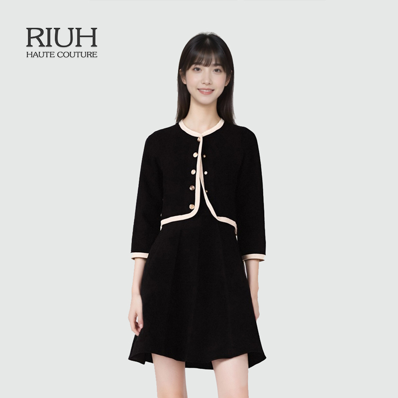 RIUH法式黑色可拆卸上衣短款针织连衣裙两件套25秋冬