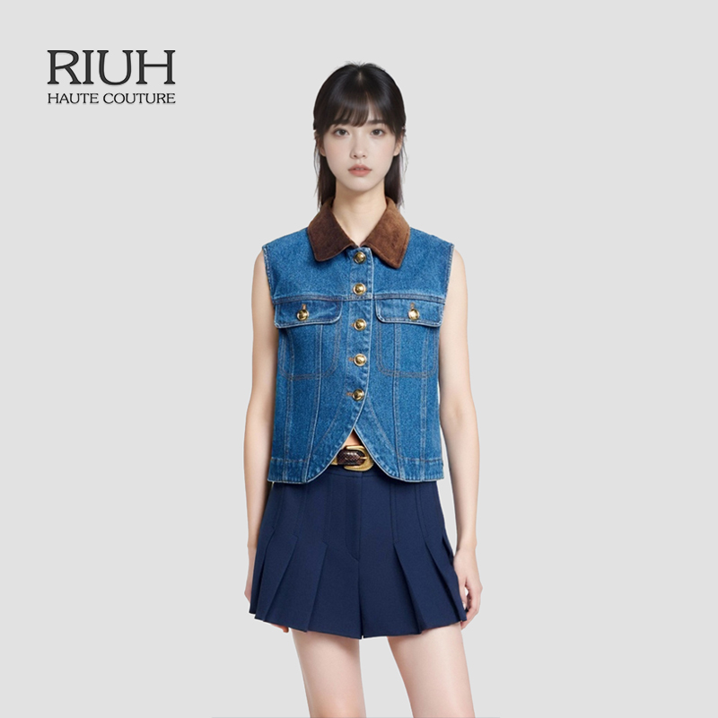 RIUH精致复古棉质设计感拼接领无袖牛仔马甲25秋冬