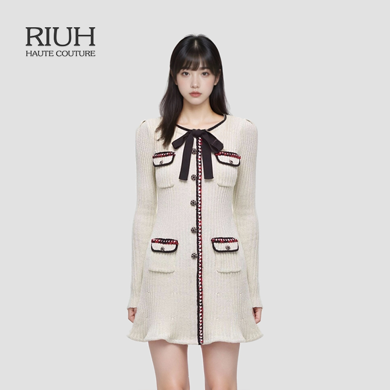 RIUH精致miu系蝴蝶结小香风荷叶边针织显瘦连衣裙25秋冬