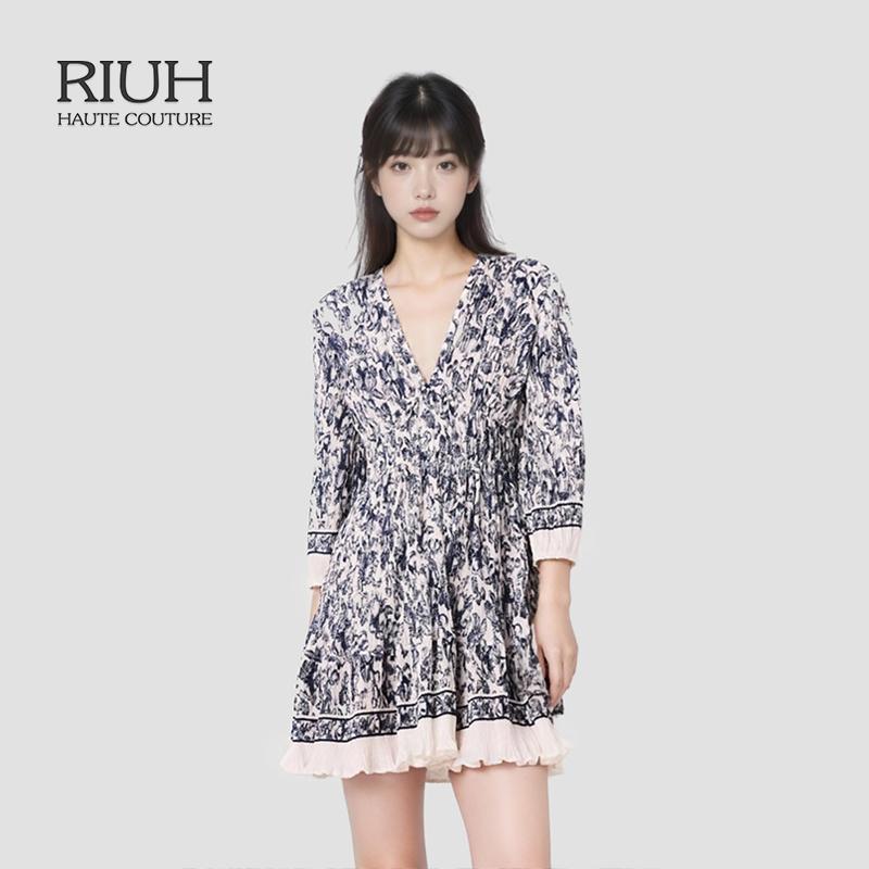 RIUH精致时尚复古法式水果印花短款连衣裙25秋冬