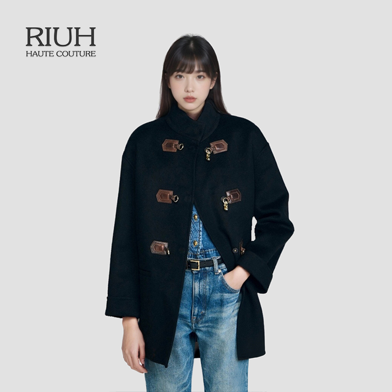 RIUH精致复古绵羊毛立领皮革金属搭扣毛呢大衣外套25秋冬