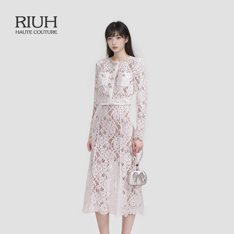 RIUH法式千金风蕾丝气质钻饰蕾丝长袖外套+半身裙套装25秋冬