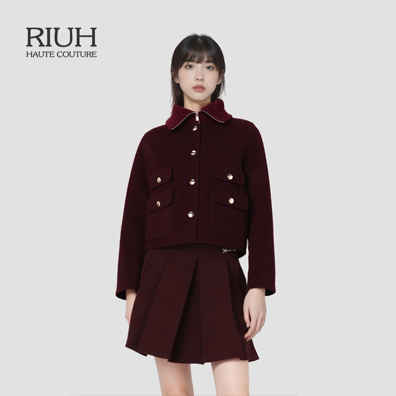 RIUH法式精致时尚紫红色毛呢外套25秋冬