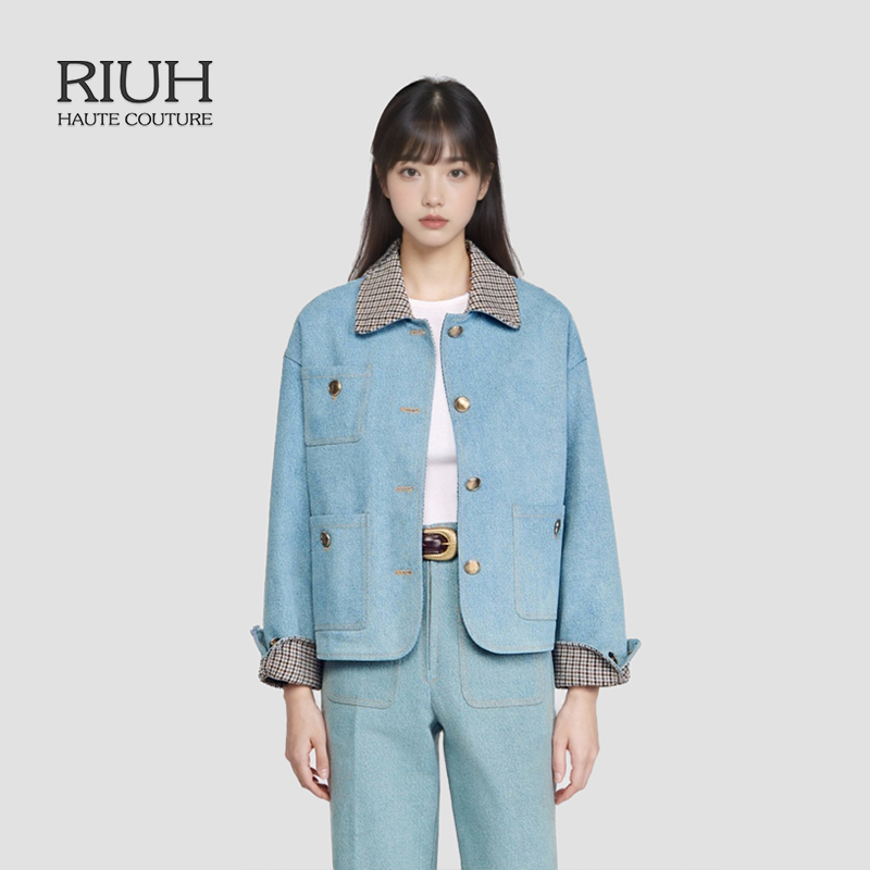 RIUH精致蓝色格纹翻领单排扣牛仔短外套25秋冬
