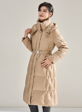 冬收腰显瘦羽绒服女装白鸭绒几何绗线双拉链连帽长外套18710
