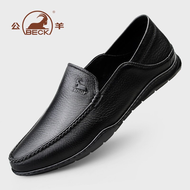 公羊男鞋中老年休闲商务正装皮鞋爸爸鞋真皮透气软面脚蹬豆豆鞋男