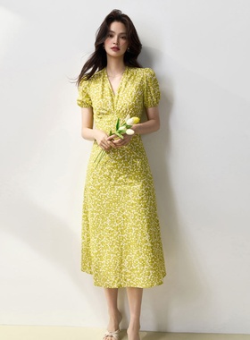 连衣裙夏季女25严选棉盐缩褶皱肌理小碎花高腰V领显瘦中长裙13930