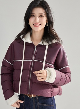 冬新款韩版宽松皮毛一体拼接羽绒服短款白鸭绒上衣外套女22462