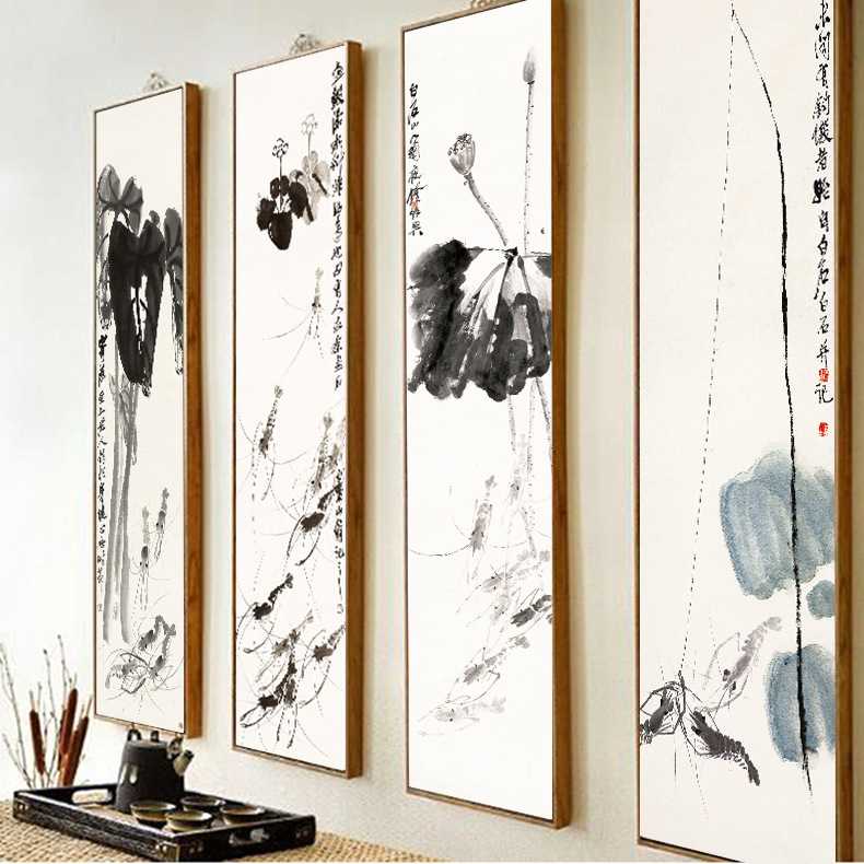 新中式简约四联水墨写意国画装饰画书房茶室禅意挂画荷花客厅壁画