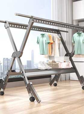 晾衣架阳台家用落地加粗加厚室外防风可折叠带轮子户外晒被子