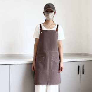 跨境加厚帆布双肩交叉背带长围裙咖啡奶茶餐饮店员工作服定制LOGO