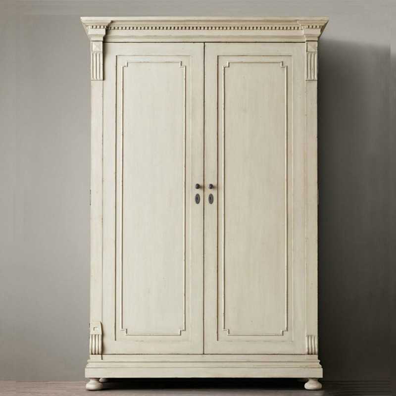 美式乡村实木衣柜双开门仿古复古白色做旧橡木对开门双门衣橱卧室