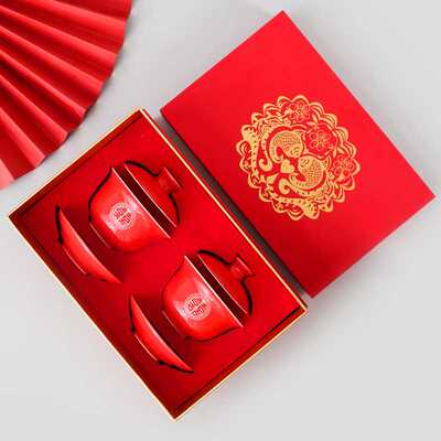 婚庆陶瓷敬茶晚中式结婚改口泡茶三才盖碗对碗结婚用品茶具红色杯