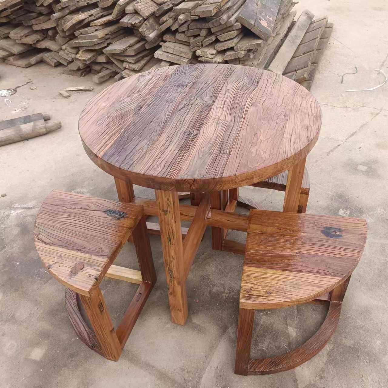 中式家具复古老榆木小圆桌家用餐桌椅组合款圆形茶桌椅小板凳