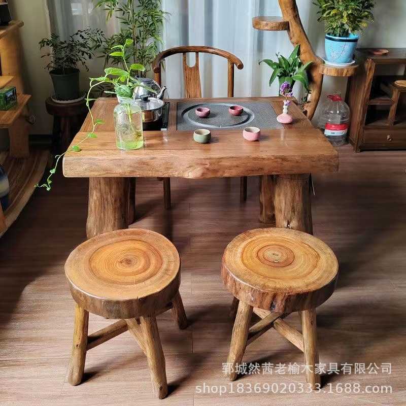 新中式老榆木茶桌自然纹理老门板茶台办公室待客喝茶桌实木办公桌