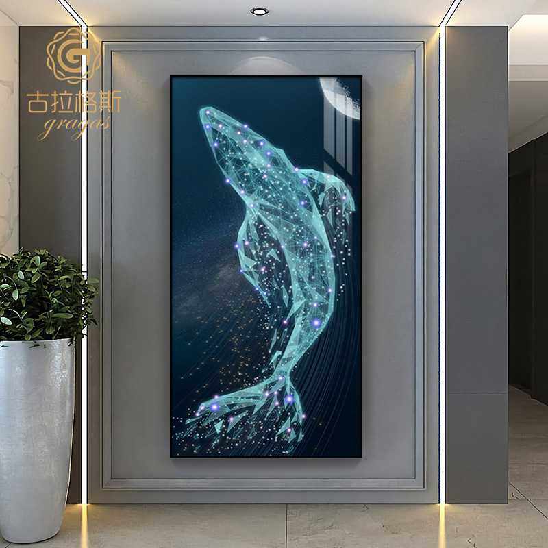 轻奢北欧高档入户玄关装饰画竖版现代鲸鱼壁画客厅餐厅走廊挂画
