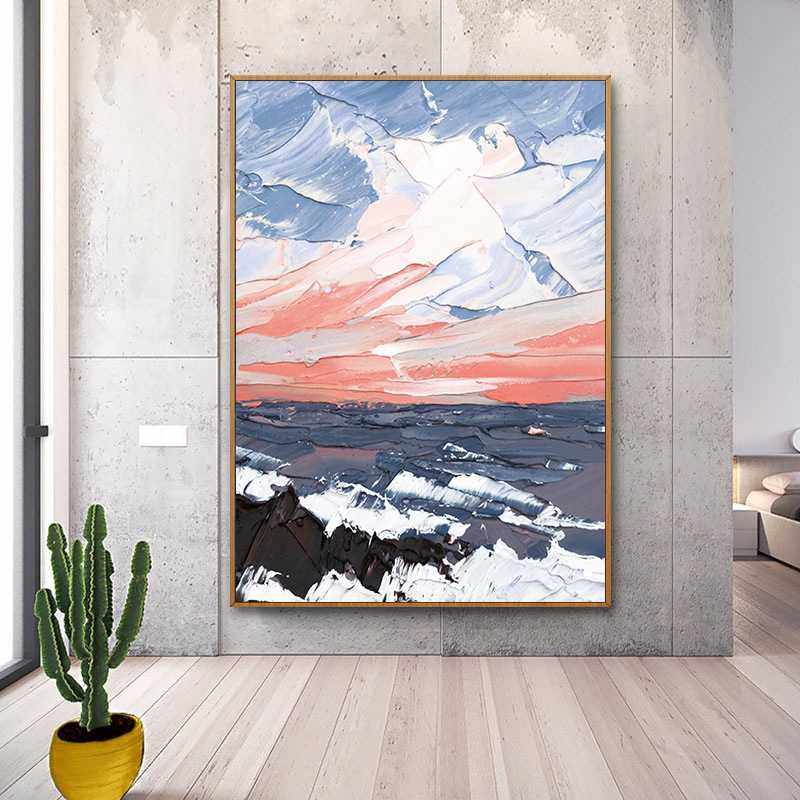 手绘油画现代抽象立体刀画海岸日出玄关背景墙装饰画黑白餐厅挂画